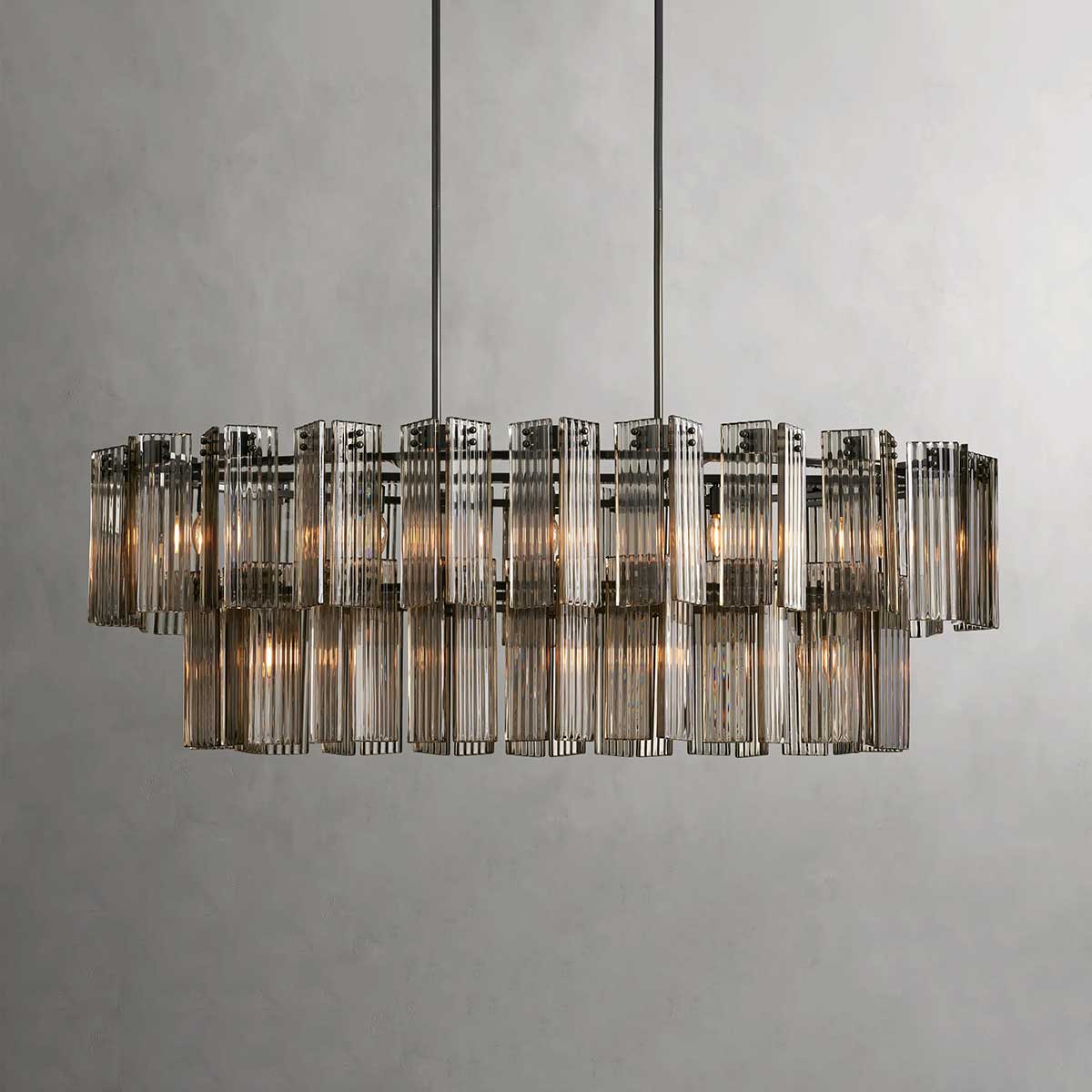 Ovale Kroonluchter Geribbeld Glas Stalen Frame 51-72cm Instelbare Hoogte E12 Fitting Messing Brons Eetkamer | Sansoti