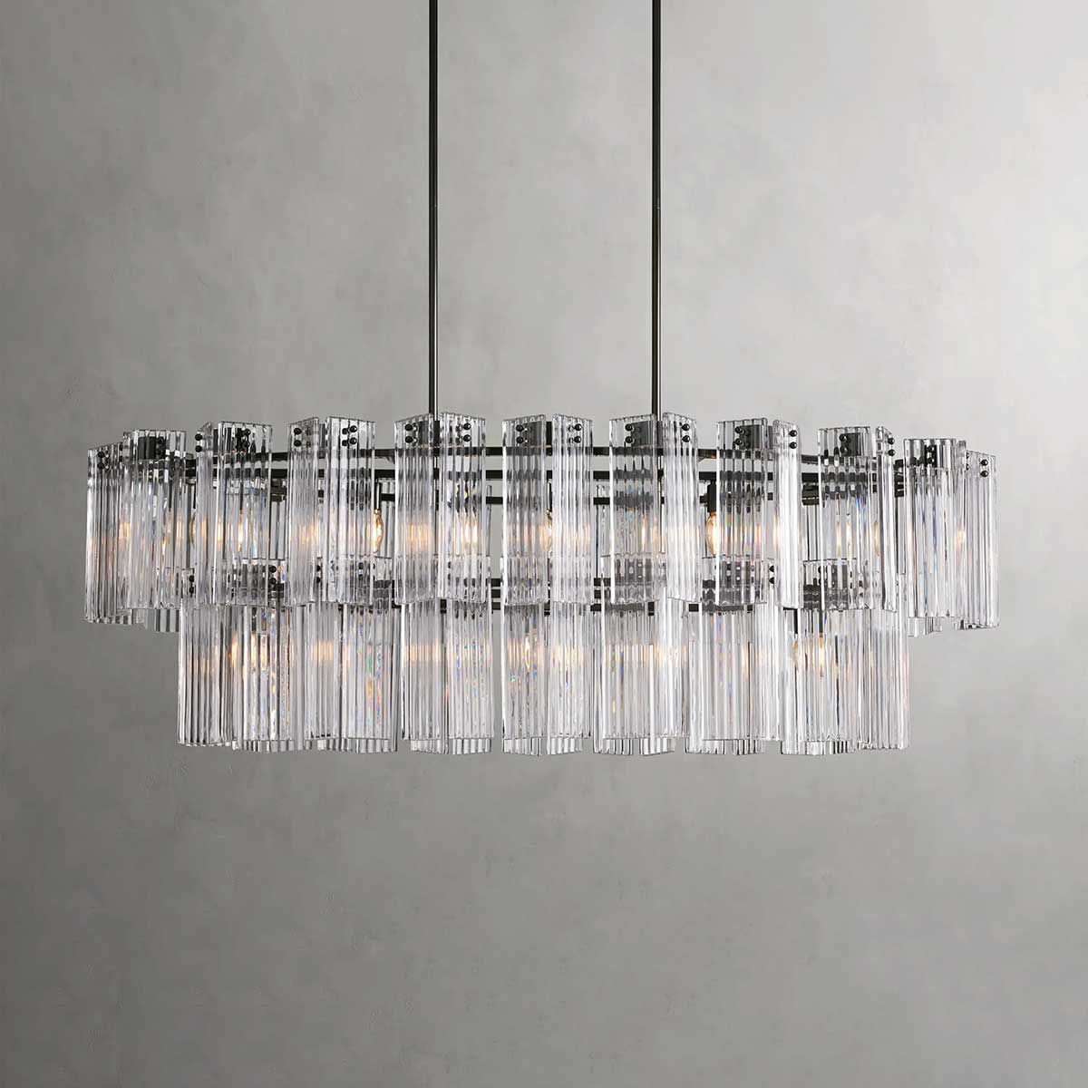 Ovale Kroonluchter Geribbeld Glas Stalen Frame 51-72cm Instelbare Hoogte E12 Fitting Messing Brons Eetkamer | Sansoti