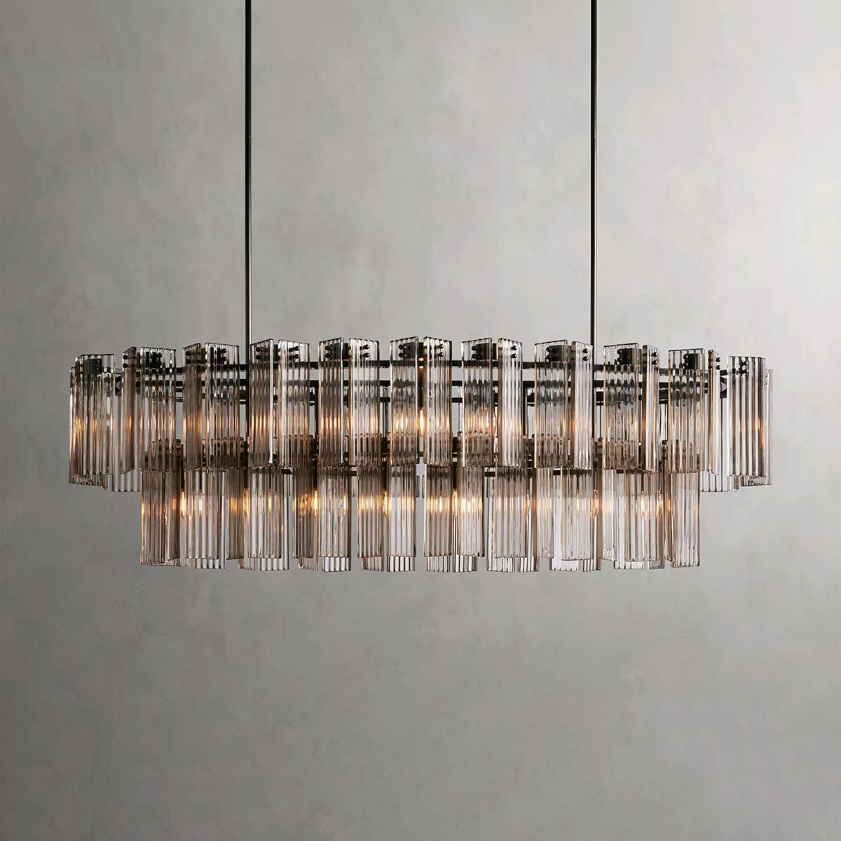 Ovale Kroonluchter Geribbeld Glas Stalen Frame 51-72cm Instelbare Hoogte E12 Fitting Messing Brons Eetkamer | Sansoti