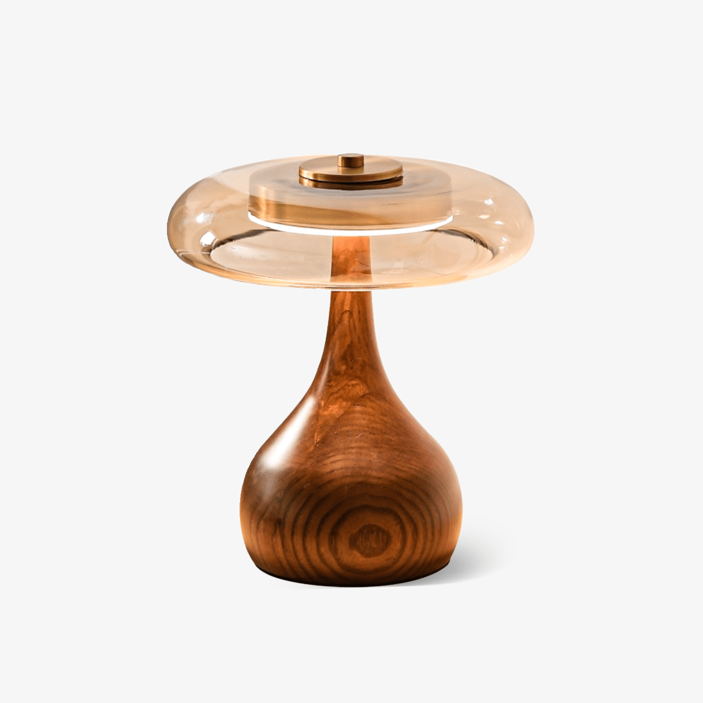Tafellamp met Gebogen Houten Voet en Amberen Glazen Kap - Modern Scandinavisch Design - Warmwit Licht - Plug-in 150 cm Snoer - ø 8,7" - 2 Hoogtes | Sansoti