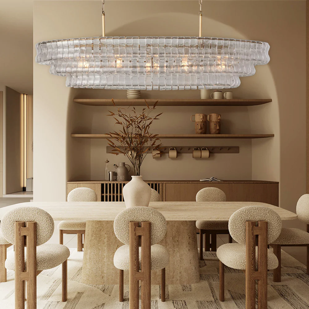 Lustre ovale avec verre incurvé, 137 cm, hauteur réglable, structure en acier, suspension pour salle à manger et salon | Sansoti