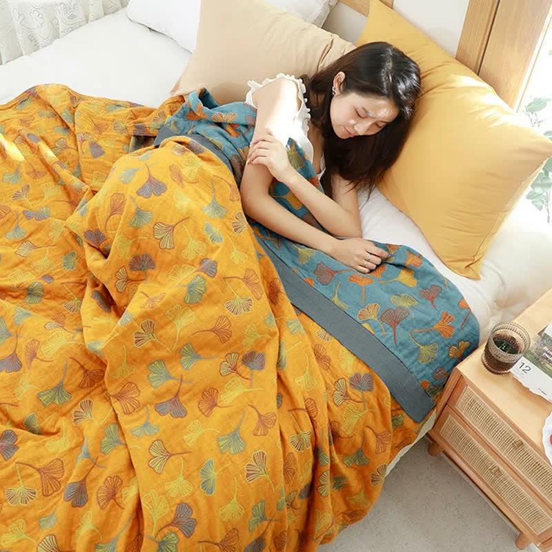 Ginkgo Leaf Baumwollquilt – Wendbare 6-Lagen-Decke aus gekämmter Baumwolle | Restfield