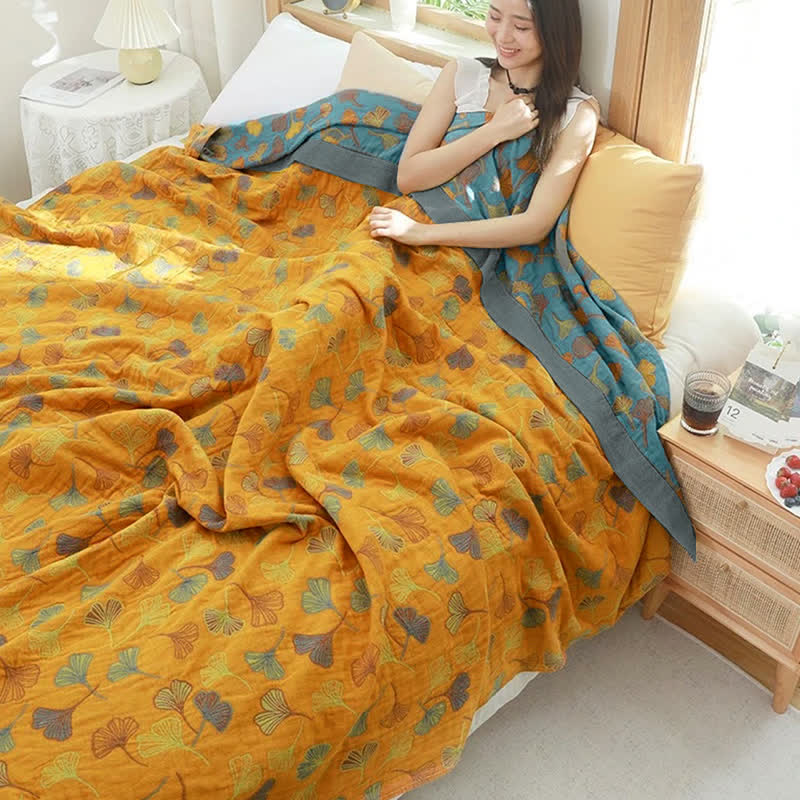 Ginkgo Leaf Baumwollquilt – Wendbare 6-Lagen-Decke aus gekämmter Baumwolle | Restfield