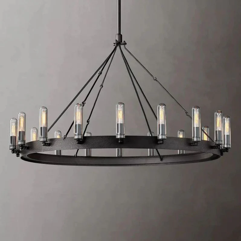 Lustre rond vintage à filament, éclairage extérieur, fer noir mat, 18-30 points lumineux, dimmable, style industriel | Sansoti