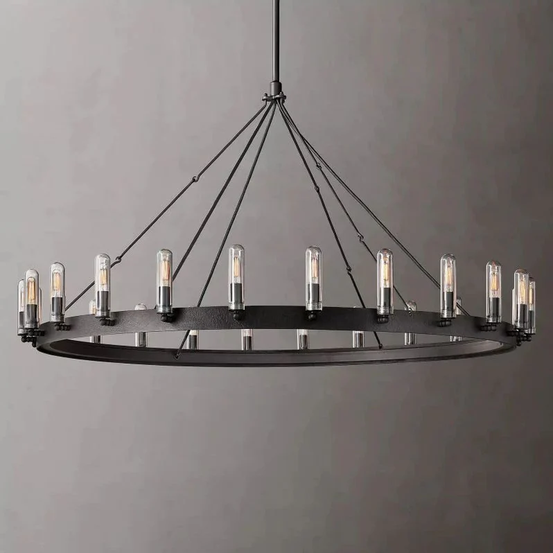 Lustre rond vintage à filament, éclairage extérieur, fer noir mat, 18-30 points lumineux, dimmable, style industriel | Sansoti