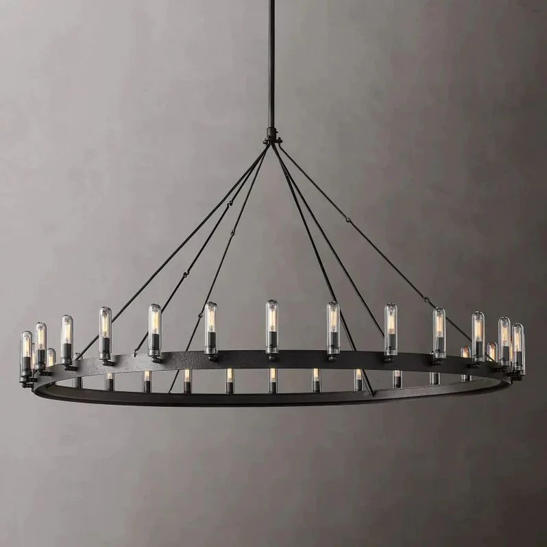 Lustre rond vintage à filament, éclairage extérieur, fer noir mat, 18-30 points lumineux, dimmable, style industriel | Sansoti