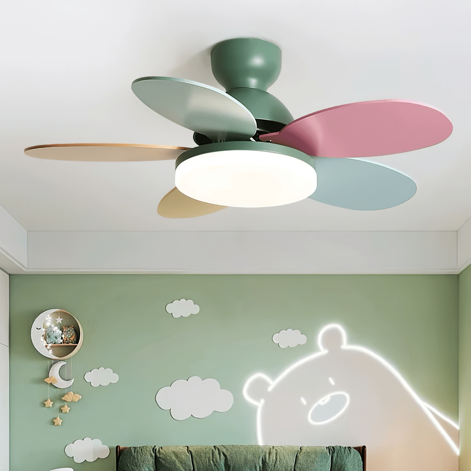 Liora Ceiling Fan with Lighting and Colored Glass Leaves for Children's Room – Modern Ceiling Fan with LED and Remote Control – Adjustable Speed Ceiling Fan with Light in Multiple Color Variants | Sansoti