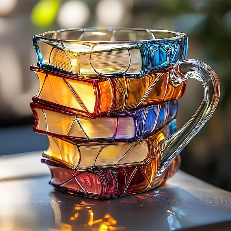 Handgemaakte 3D Boekenmok met Reliëf – Boekenliefhebber Cadeau – Dikwandig Glas – Koffie Thee Beker – Gedetailleerde Boekenruggen | Sansoti