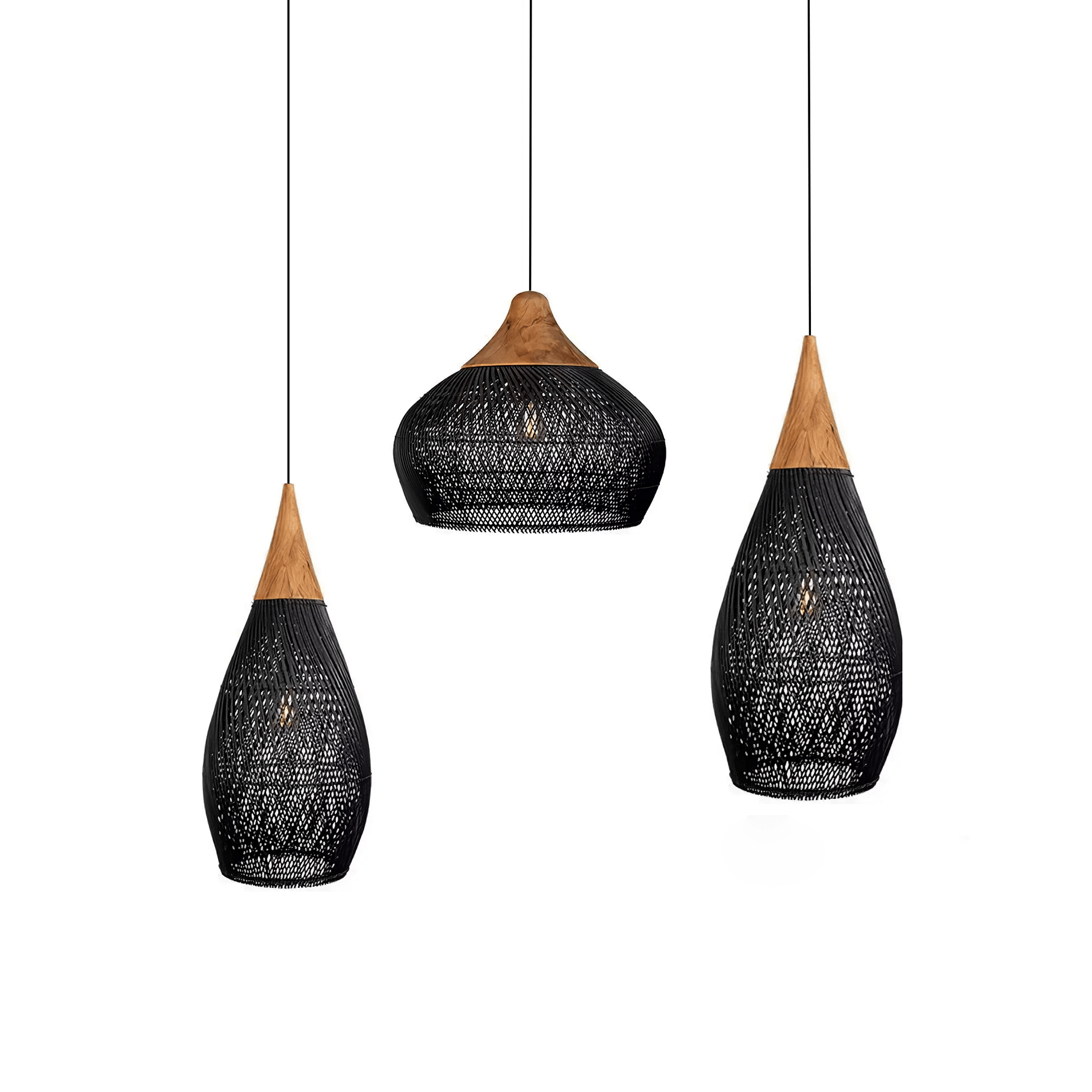 Handgevlochten Rotan Hanglamp – Javaanse Vlechtkunst in 4 Vormen & 3 Maten – Naturel of Zwart Rotan – E26/E27 Fitting – Scandinavisch Woonlicht | Sansoti