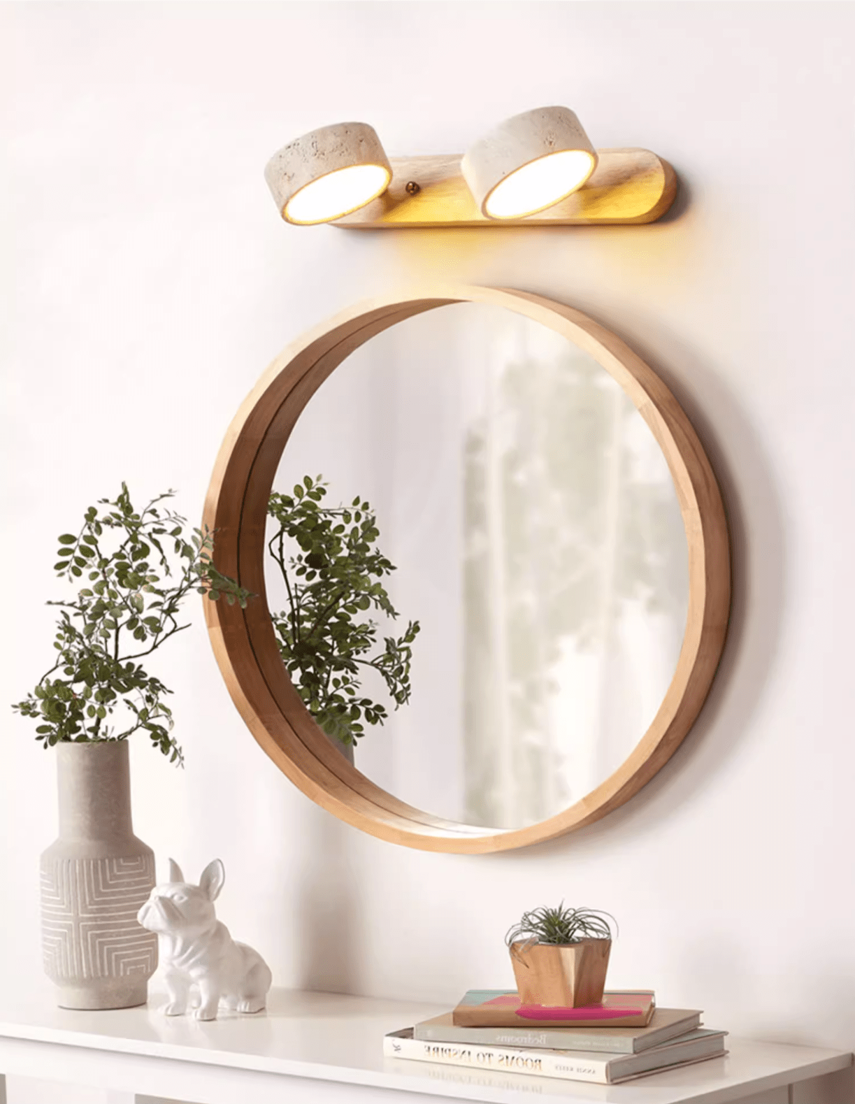 Travertin-Wandleuchte mit Holzsockel und doppelter LED-Lichtquelle, Naturstein-Design-Wandleuchte für Schlafzimmer, Flur und Wohnzimmer | Restfield