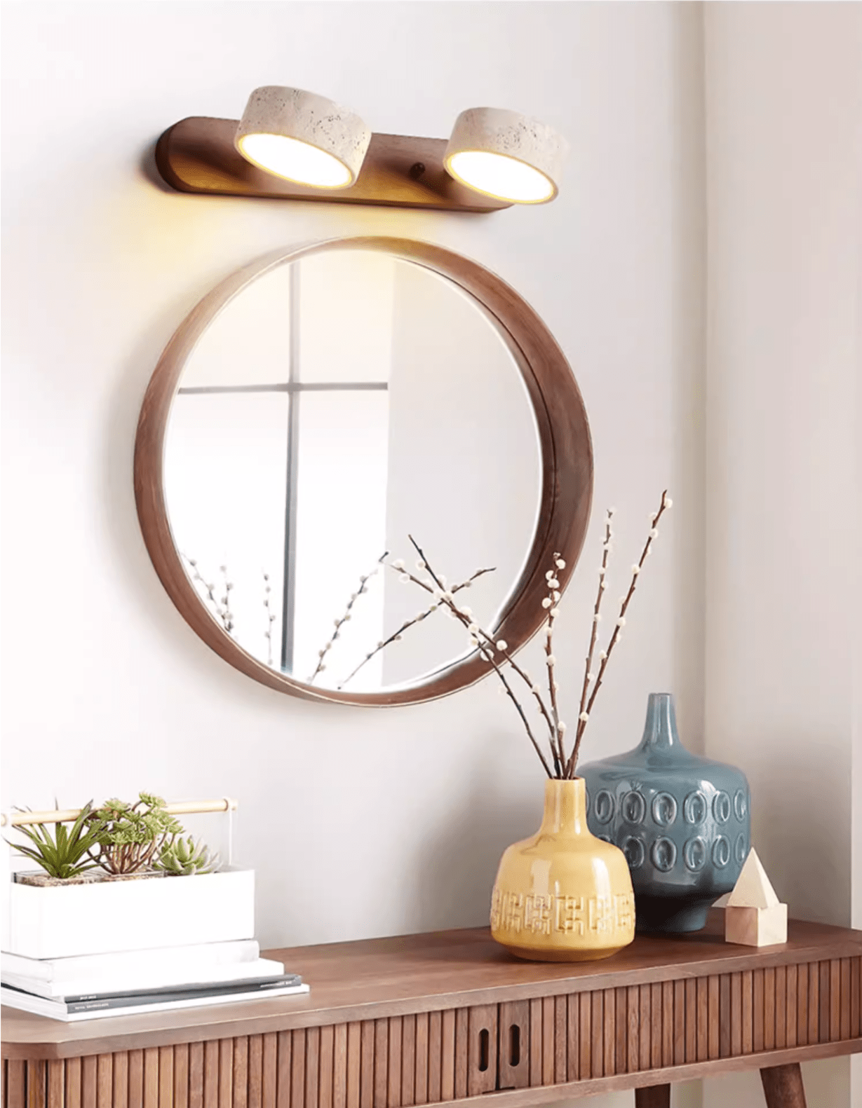 Travertin-Wandleuchte mit Holzsockel und doppelter LED-Lichtquelle, Naturstein-Design-Wandleuchte für Schlafzimmer, Flur und Wohnzimmer | Restfield