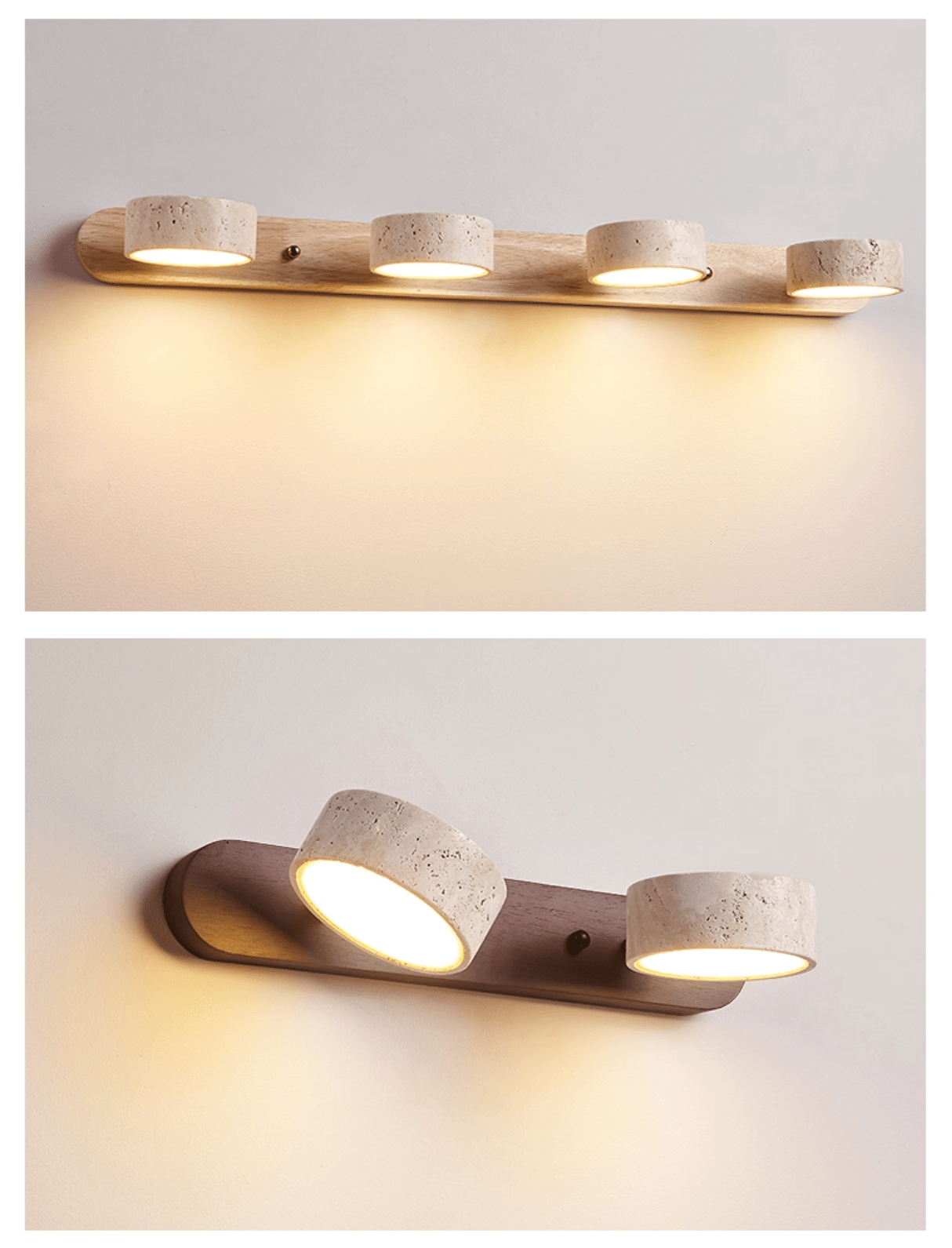 Travertin-Wandleuchte mit Holzsockel und doppelter LED-Lichtquelle, Naturstein-Design-Wandleuchte für Schlafzimmer, Flur und Wohnzimmer | Restfield