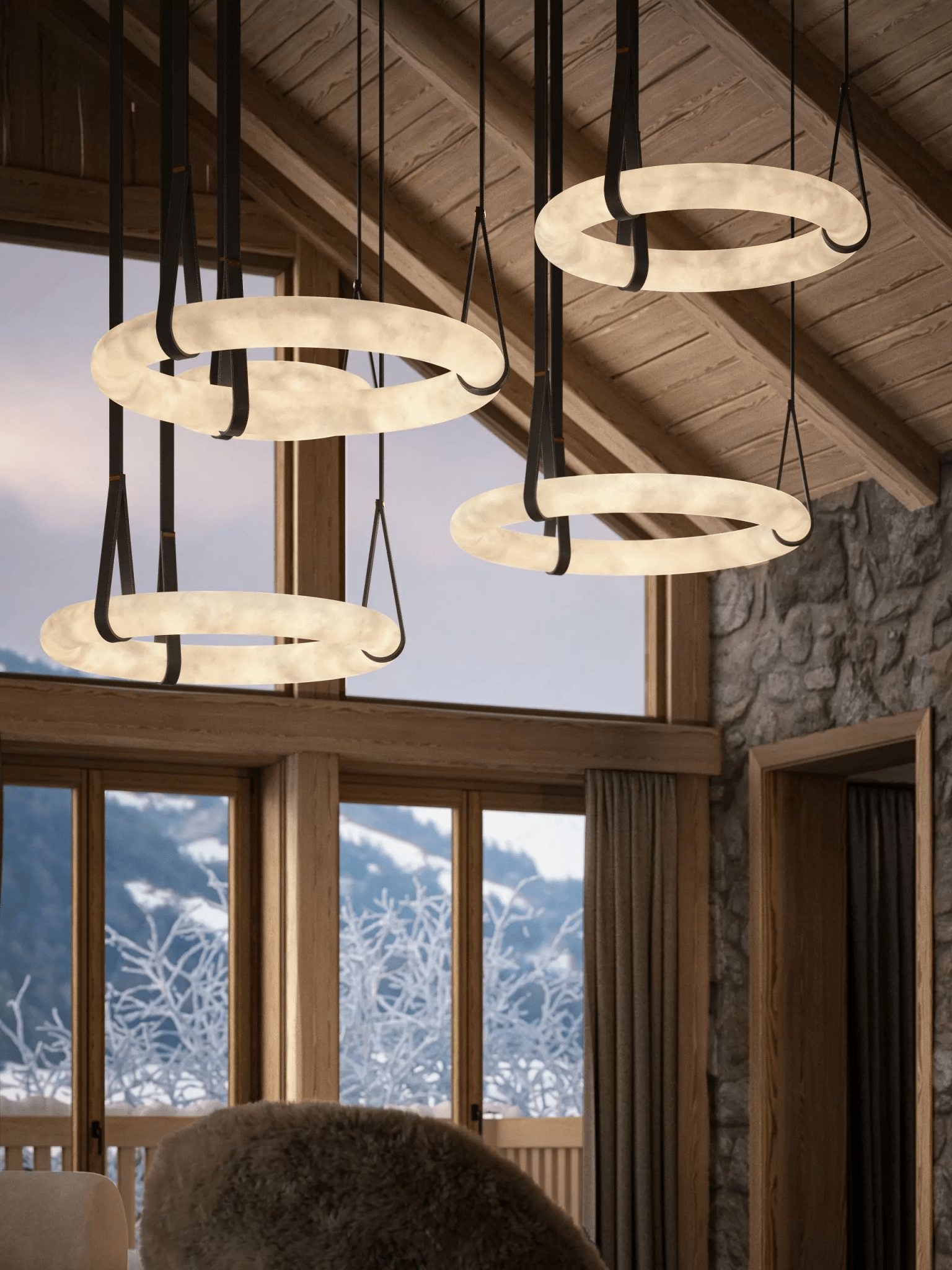 Hanglamp Alabaster Ring LED Donkerbruin Bruin Goud Woonkamer Eetkamer 3000K 4000K 6000K Ø30 Ø120cm Natuursteen Pendellamp | Sansoti