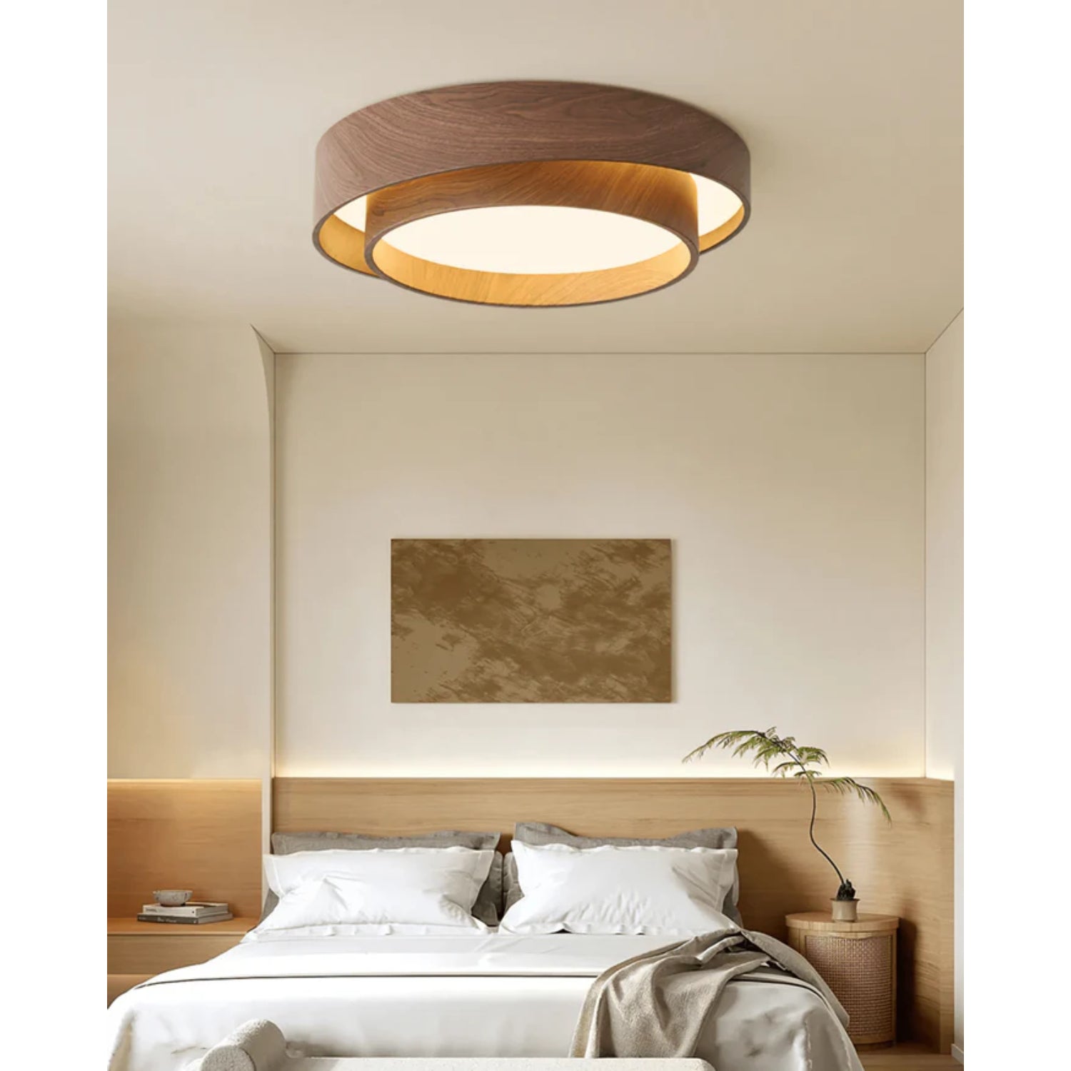LED-Deckenleuchte Holzoptik Walnuss Japandi Wohnzimmer Schlafzimmer Runde Deckenleuchte Moderne Beleuchtung Holzmaserung Optik | Restfield