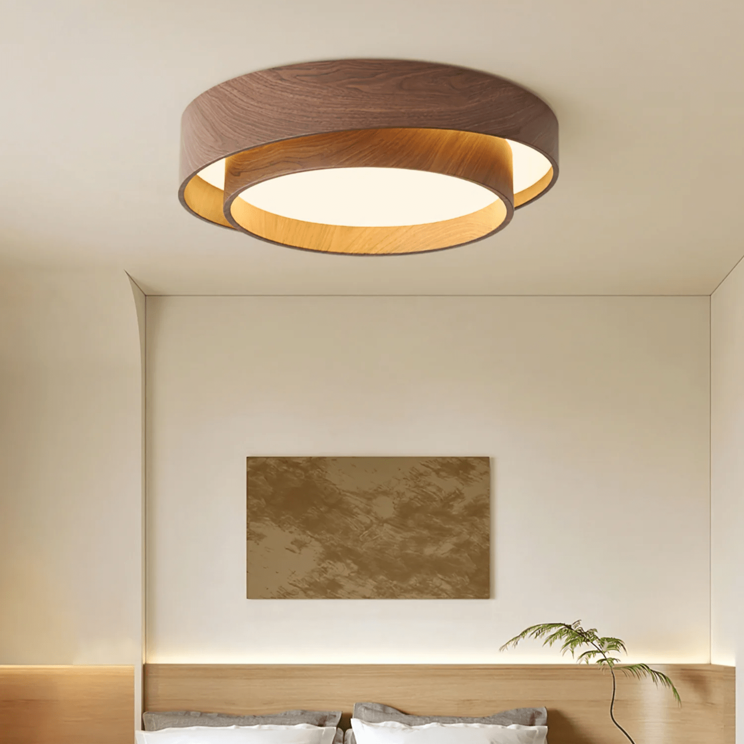 LED-Deckenleuchte Holzoptik Walnuss Japandi Wohnzimmer Schlafzimmer Runde Deckenleuchte Moderne Beleuchtung Holzmaserung Optik | Restfield
