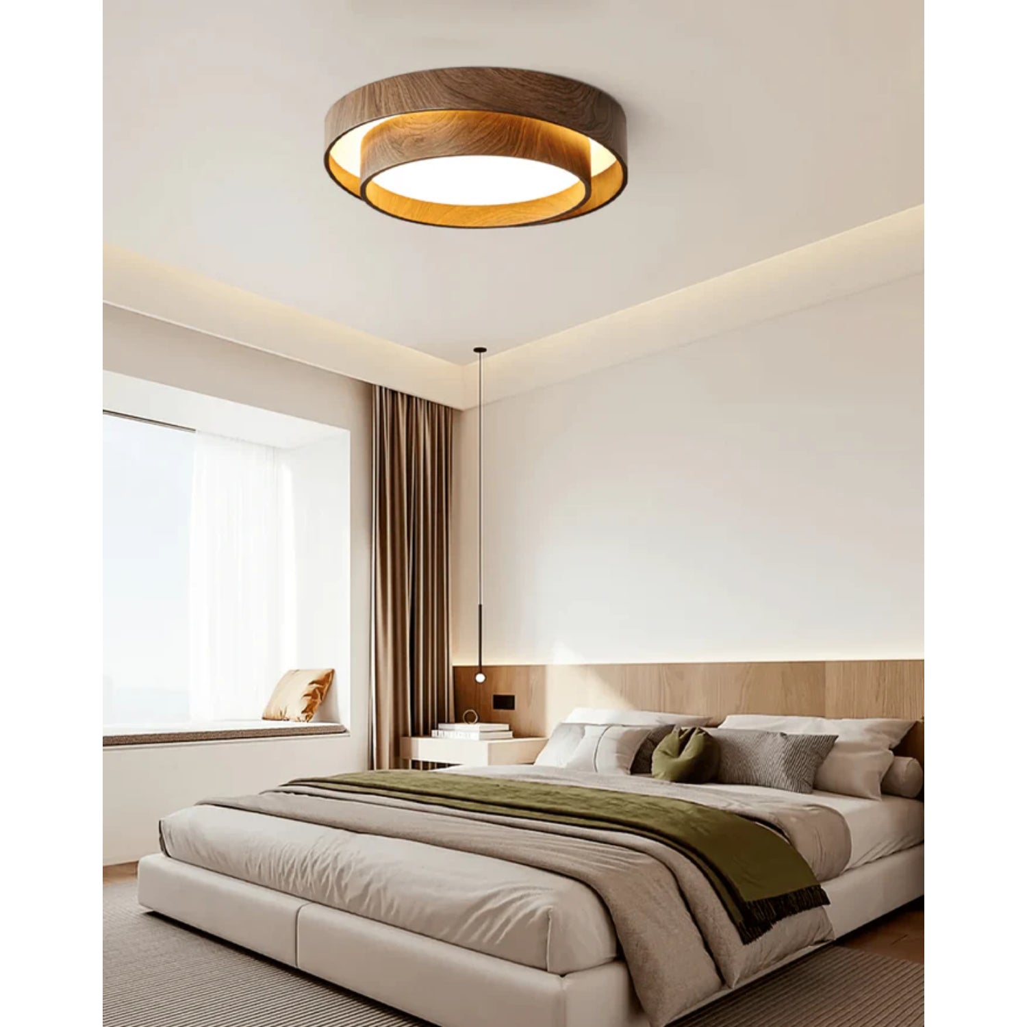 LED-Deckenleuchte Holzoptik Walnuss Japandi Wohnzimmer Schlafzimmer Runde Deckenleuchte Moderne Beleuchtung Holzmaserung Optik | Restfield