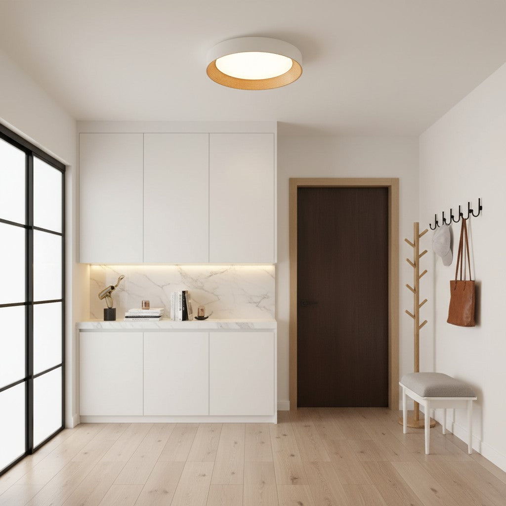 Minimalistische Ronde Plafondlamp met Houten Rand – Warm Licht – Nordic Design – Scandinavische Plafondverlichting voor Slaapkamer Hal Entree | Sansoti
