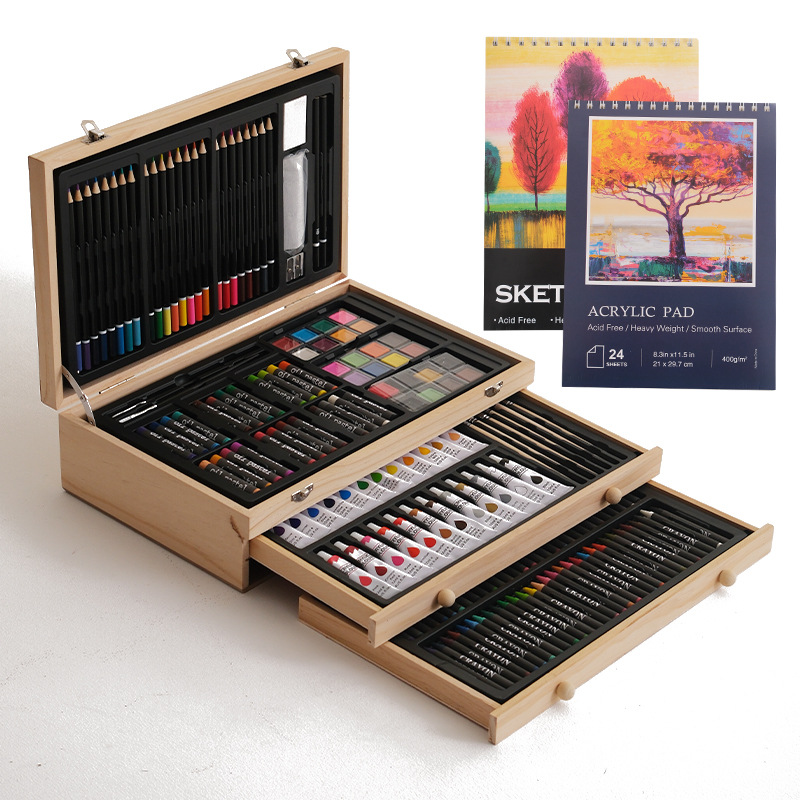 Kunstenaarsset 175-Delig met Houten Opbergbox – Malstifte Acrylverf Aquarel Pastels Tekenblok | Sansoti