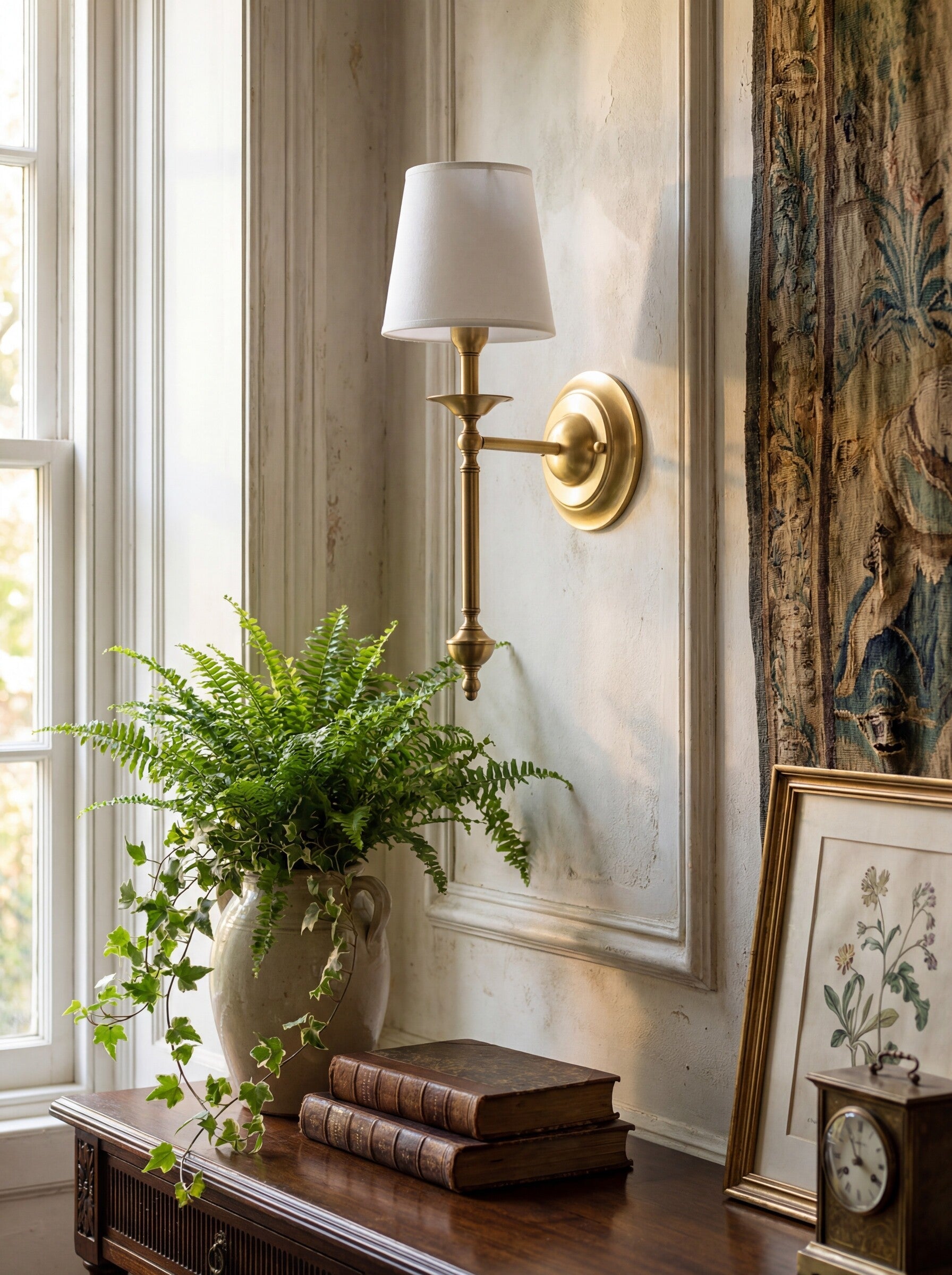 Stoffen Wandlamp met Vintage Koperen Afwerking – Sfeervolle Verlichting voor Hal, Slaapkamer en Woonkamer | Sansoti
