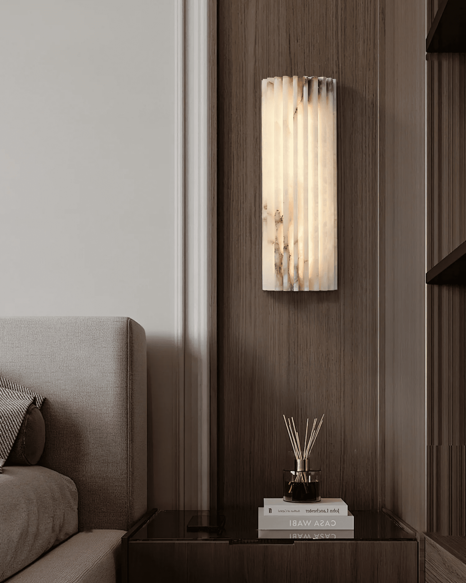 Alabaster Wandlamp Natuursteen – Geribbeld Design – Warm Licht – Scandinavische Stijl | Sansoti