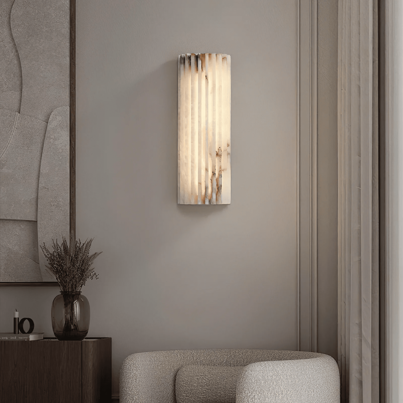 Alabaster Wandlamp Natuursteen – Geribbeld Design – Warm Licht – Scandinavische Stijl | Sansoti