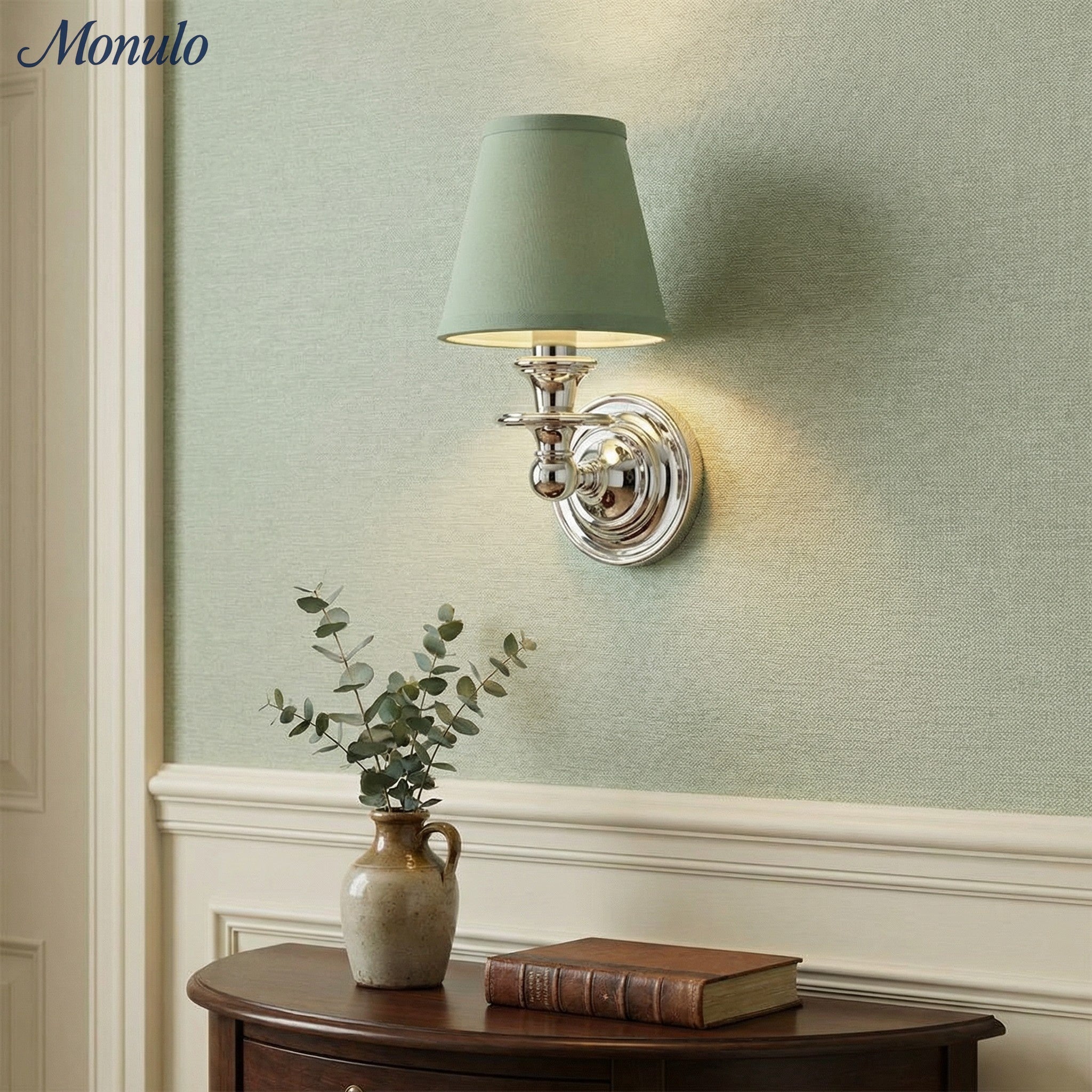 Wandlamp met stoffen kap en zwanenhalsarm – smeedijzeren armatuur met verstelbare leeslamp | Sansoti