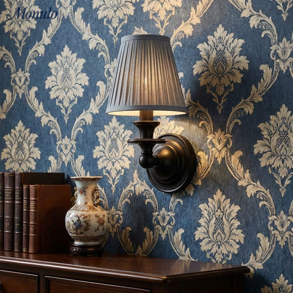 Wandlamp met stoffen kap en zwanenhalsarm – smeedijzeren armatuur met verstelbare leeslamp | Sansoti