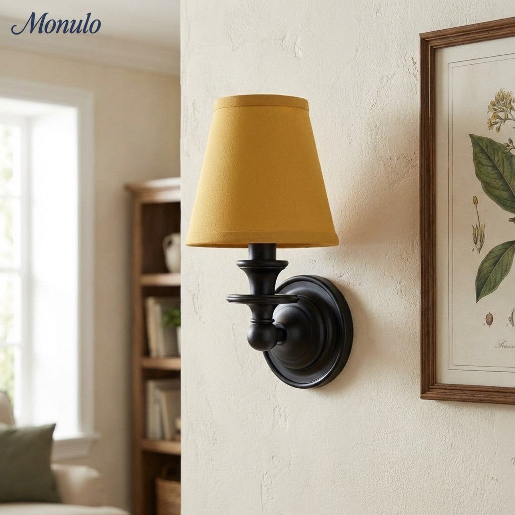 Wandlamp met stoffen kap en zwanenhalsarm – smeedijzeren armatuur met verstelbare leeslamp | Sansoti