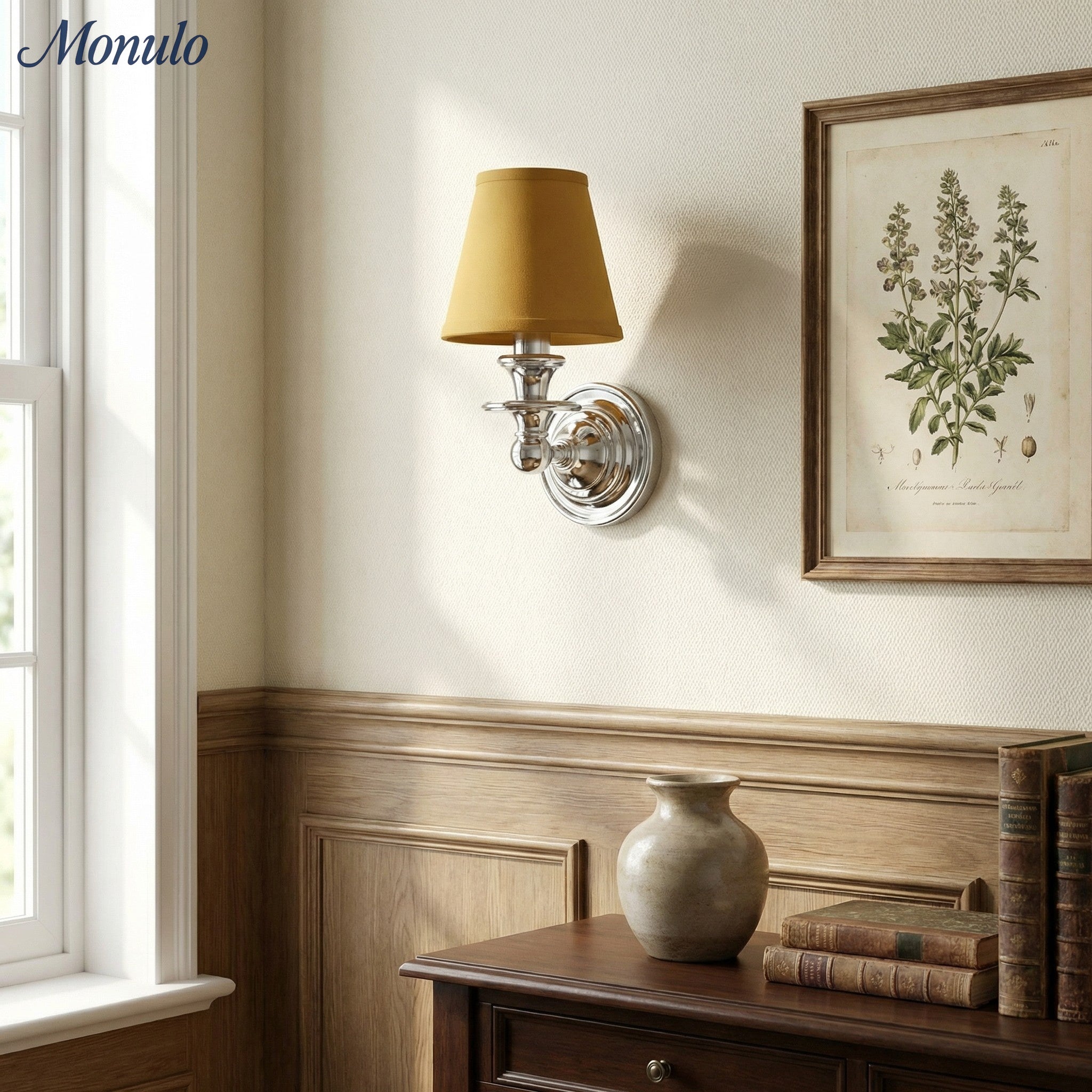 Wandlamp met stoffen kap en zwanenhalsarm – smeedijzeren armatuur met verstelbare leeslamp | Sansoti