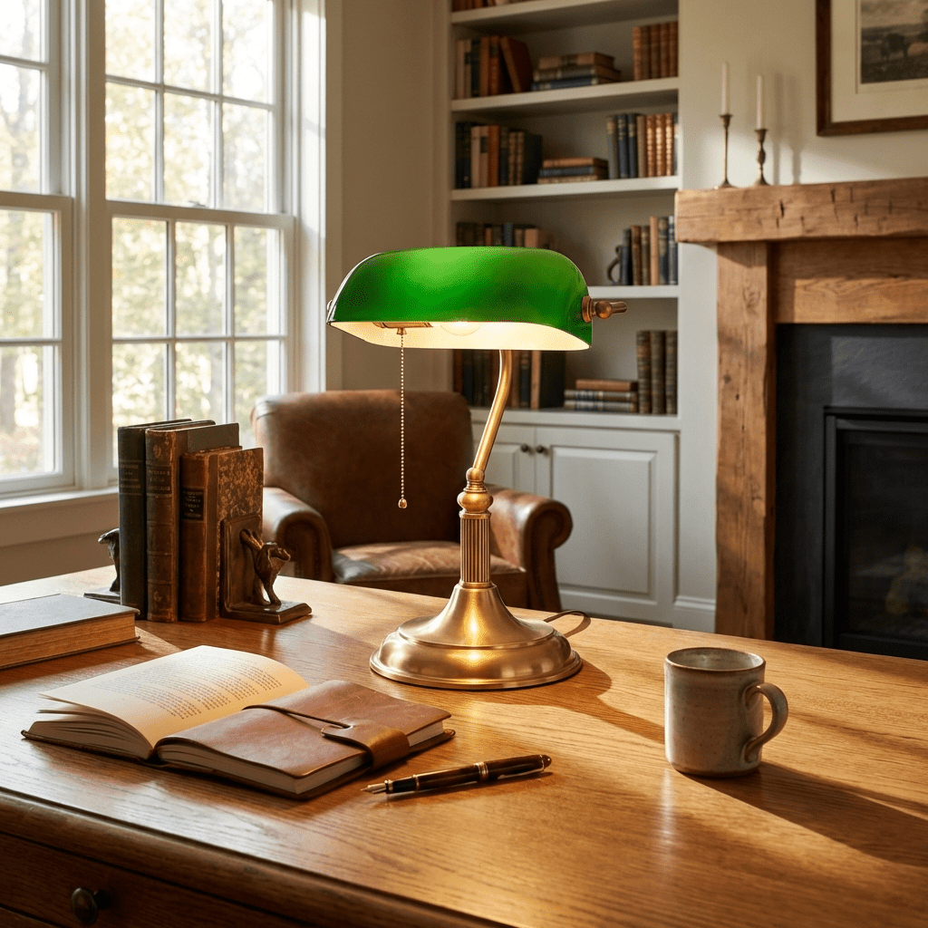 Klassieke Bureaulamp Messing met Groen Glas Tafellamp Banker Style Leeslamp voor Kantoor Studeerruimte | Sansoti