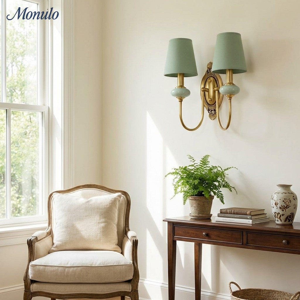 Keramische wandlamp met stoffen kap - 1 of 2 lichtpunten - E27 - diverse kleuren & stijlen | Sansoti