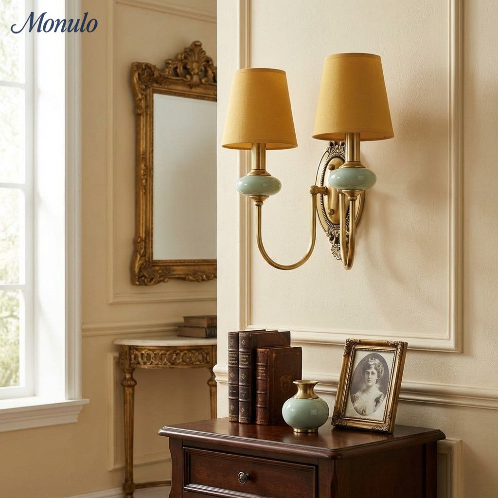 Keramische wandlamp met stoffen kap - 1 of 2 lichtpunten - E27 - diverse kleuren & stijlen | Sansoti