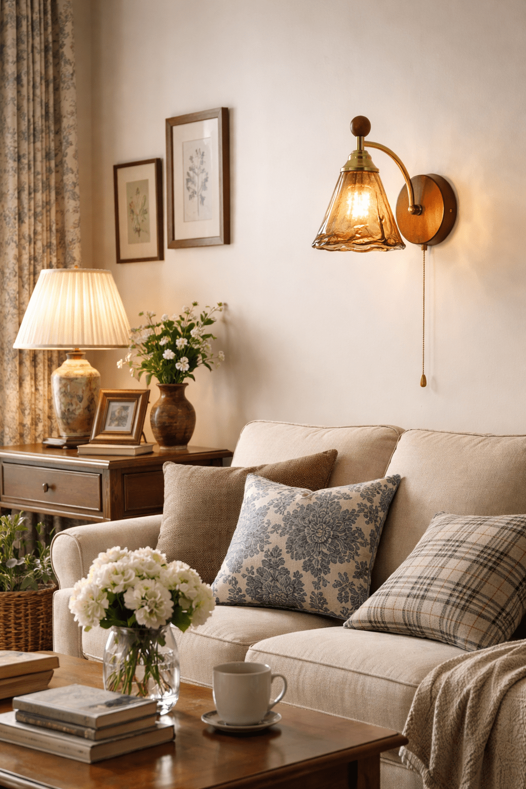 Vintage Wandlamp Met Amber Glazen Kap En Houten Wandplaat In Walnootkleur | Sansoti