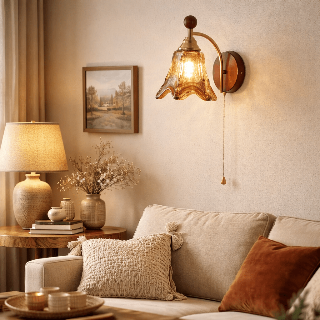 Vintage Wandlamp Met Amber Glazen Kap En Houten Wandplaat In Walnootkleur | Sansoti