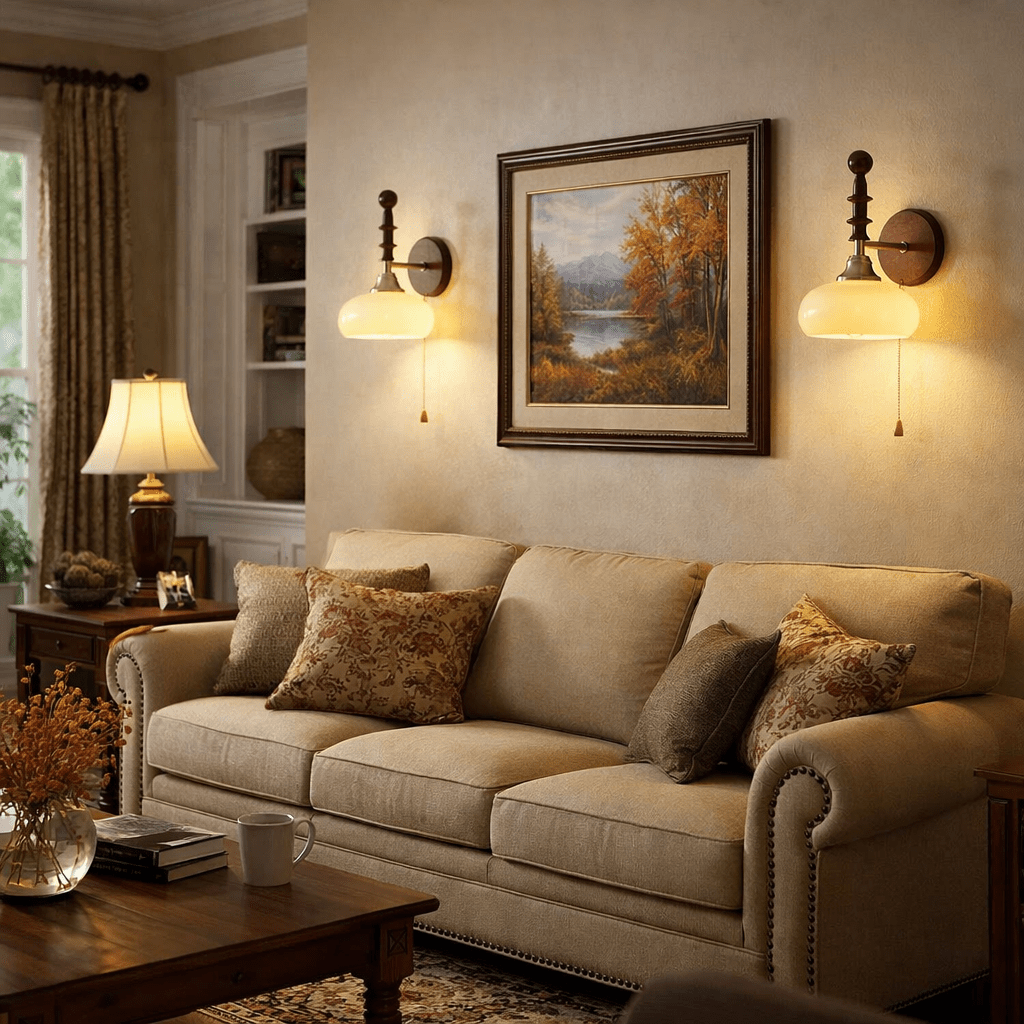 Vintage Wandleuchte mit Zugschalter, Wandplatte aus Walnussholz und Opalglasschirm | Restfield