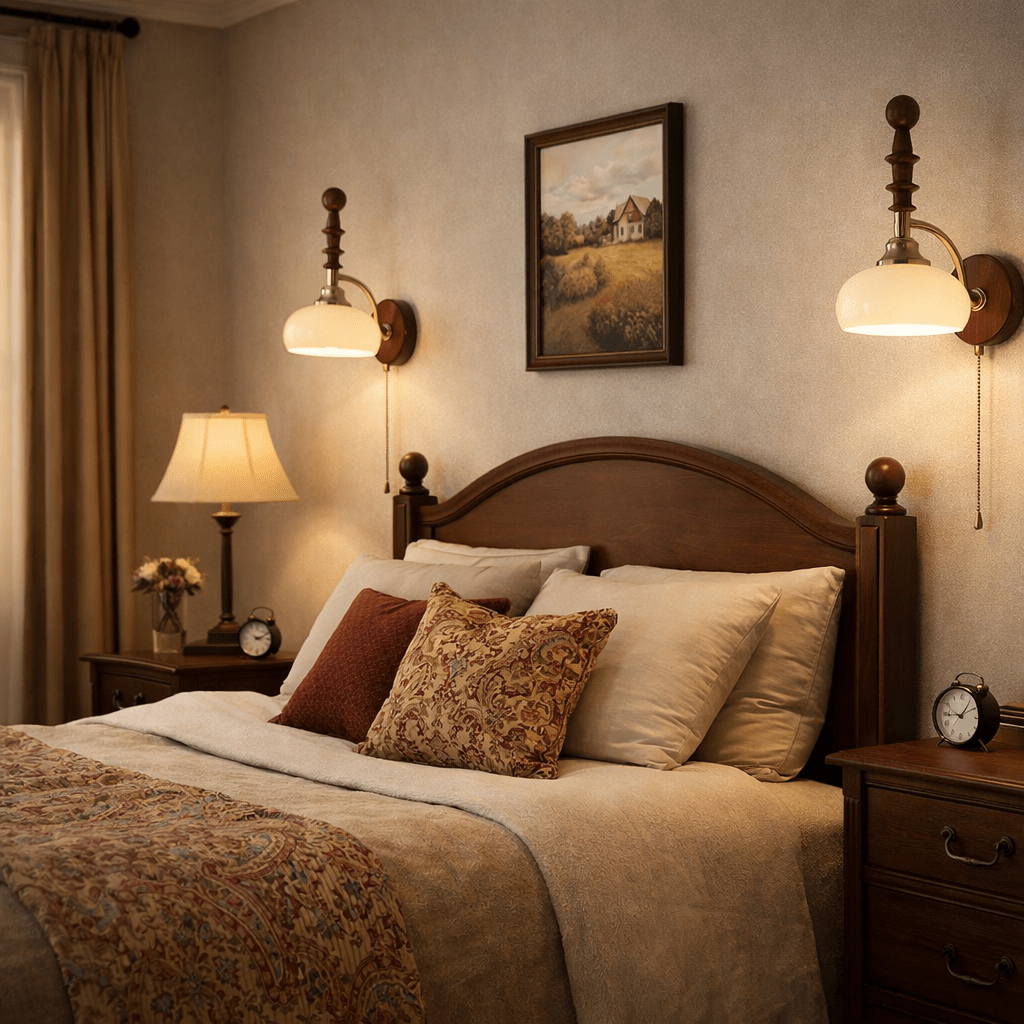 Vintage Wandleuchte mit Zugschalter, Wandplatte aus Walnussholz und Opalglasschirm | Restfield