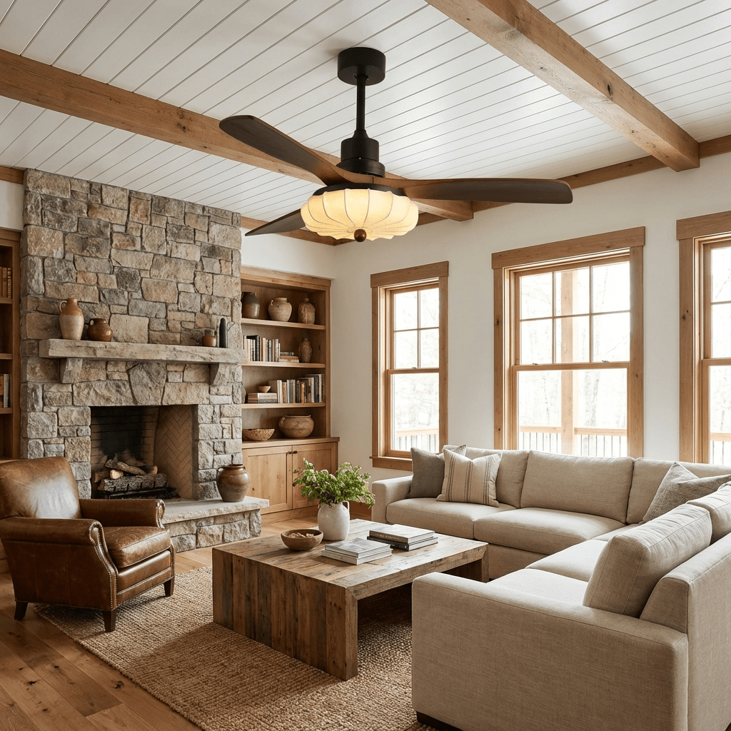 Ventilateur de plafond avec éclairage – Moteur DC – Abat-jour en coton motif lotus – Lames en noyer – Réglable & réversible | Sansoti