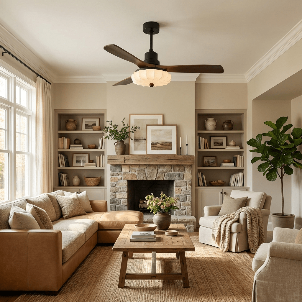 Ventilateur de plafond avec éclairage – Moteur DC – Abat-jour en coton motif lotus – Lames en noyer – Réglable & réversible | Sansoti