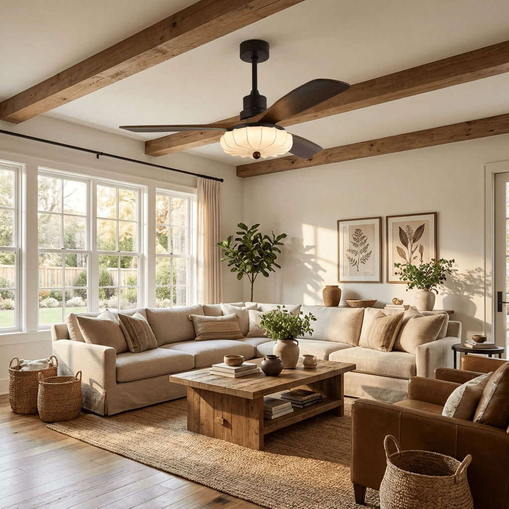Ventilateur de plafond avec éclairage – Moteur DC – Abat-jour en coton motif lotus – Lames en noyer – Réglable & réversible | Sansoti