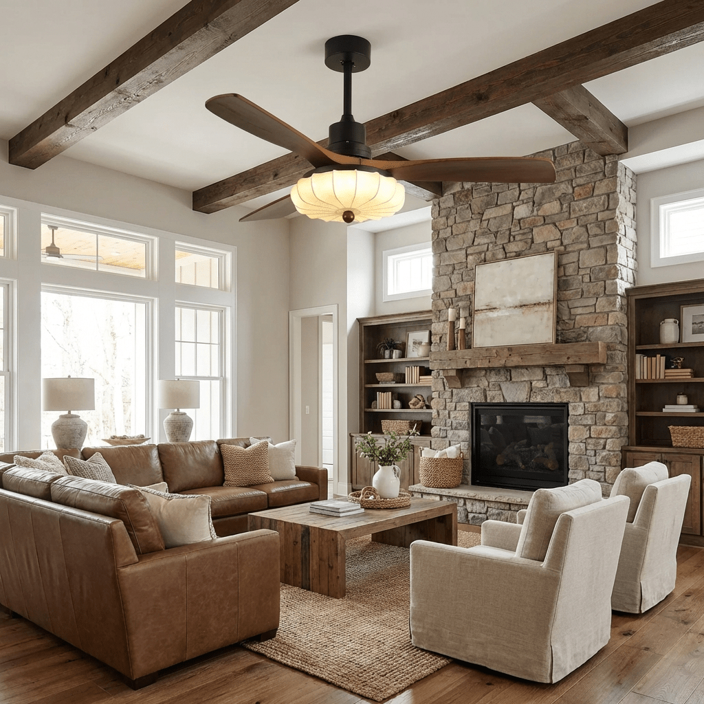 Ventilateur de plafond avec éclairage – Moteur DC – Abat-jour en coton motif lotus – Lames en noyer – Réglable & réversible | Sansoti