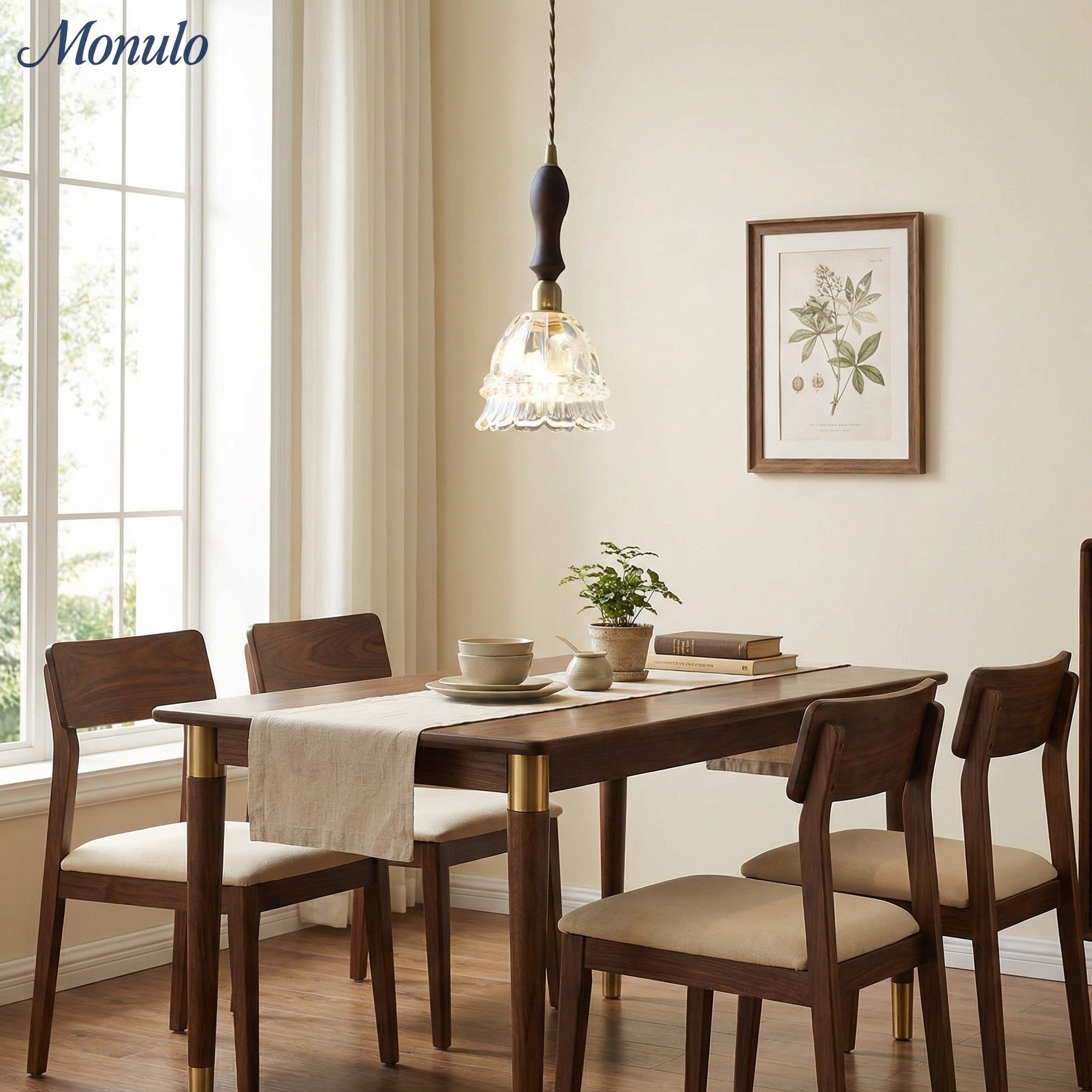 Franse Landelijke Hanglamp Glazen Kap Kwallen Design Transparant of Amber met Walnoot Greep Sfeerverlichting Eetkamer Elegante Plafondlamp | Sansoti