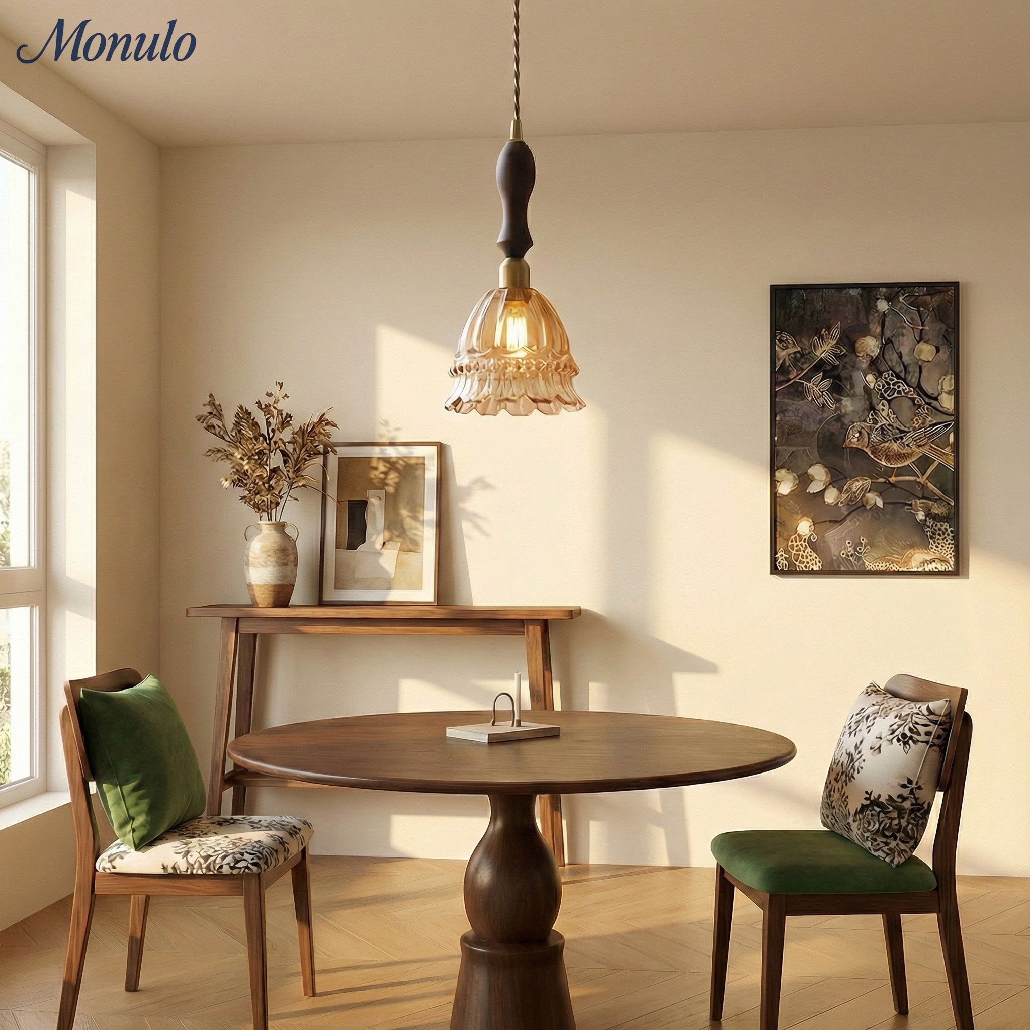 Franse Landelijke Hanglamp Glazen Kap Kwallen Design Transparant of Amber met Walnoot Greep Sfeerverlichting Eetkamer Elegante Plafondlamp | Sansoti