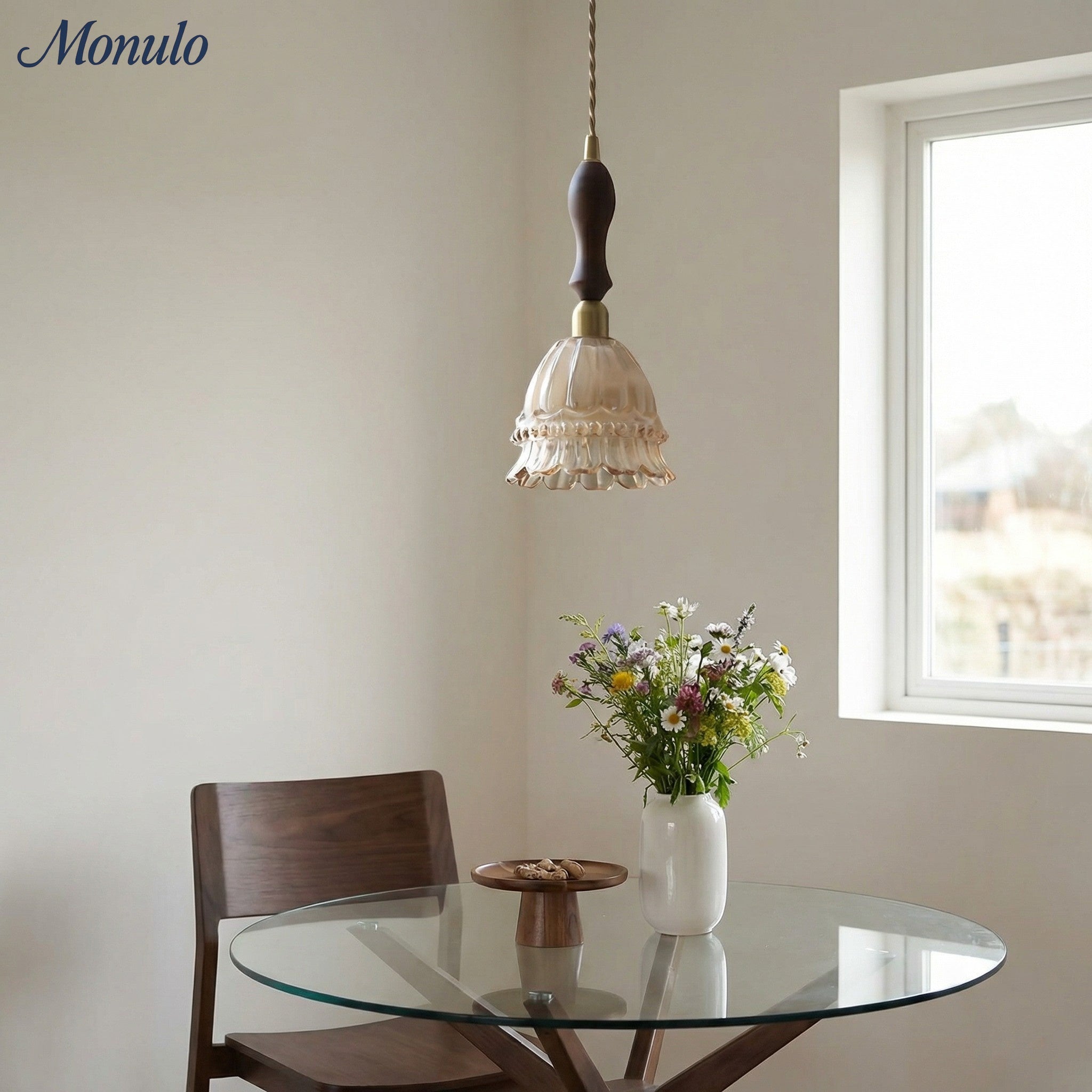 Franse Landelijke Hanglamp Glazen Kap Kwallen Design Transparant of Amber met Walnoot Greep Sfeerverlichting Eetkamer Elegante Plafondlamp | Sansoti