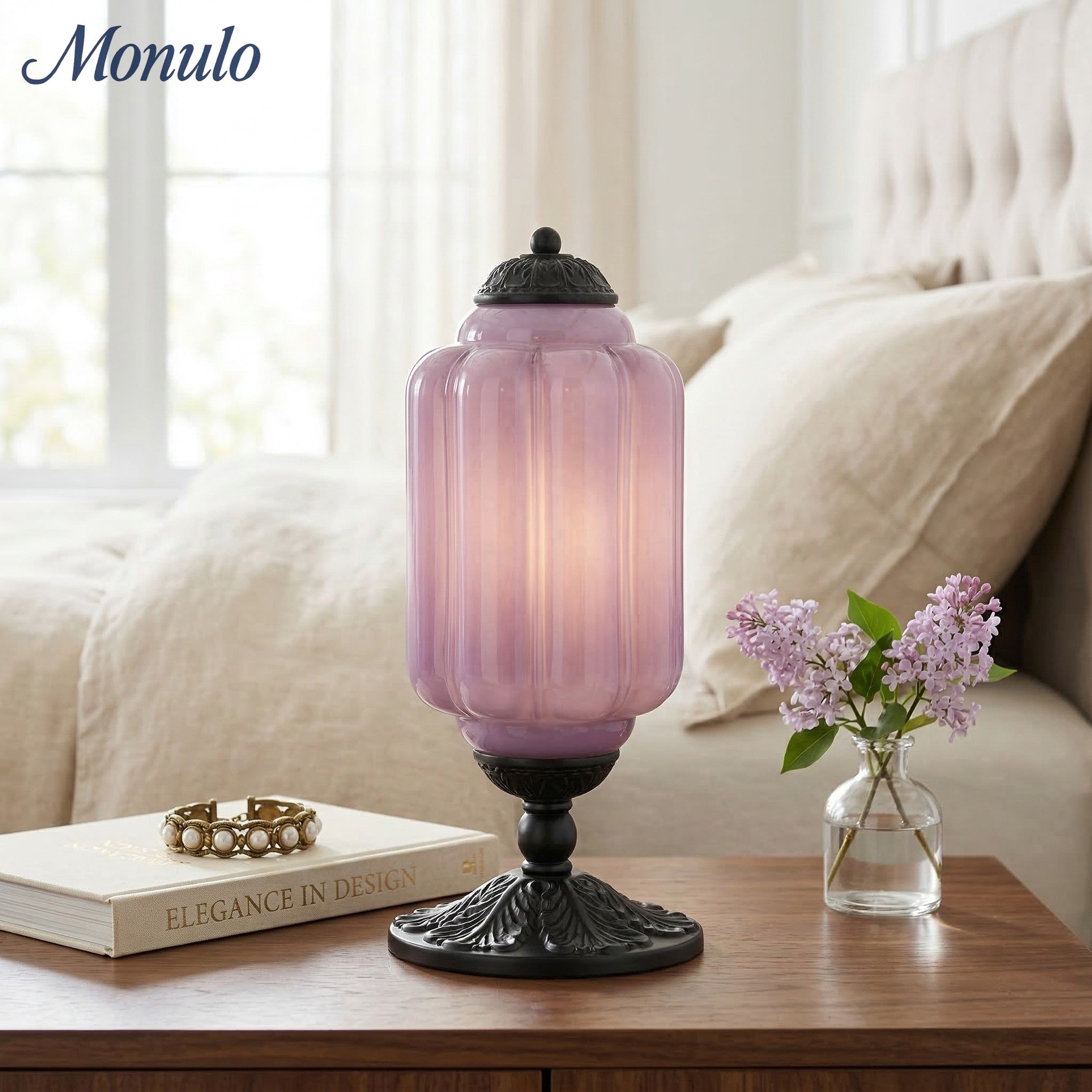 Glazen Tafellamp met Scallop Design Vintage Stijl Slaapkamer Woonkamer Accentverlichting Zwart Messing Matglas | Sansoti