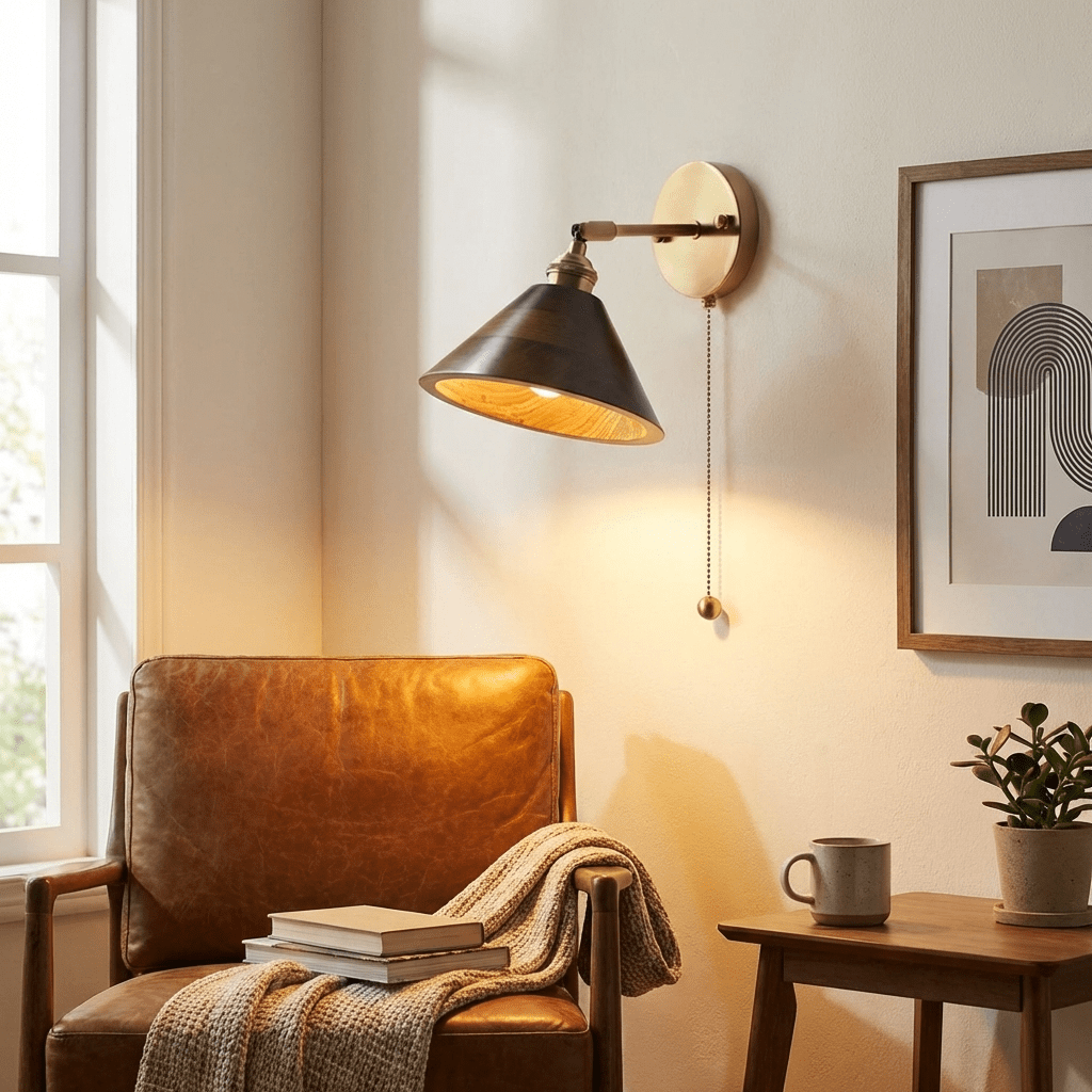 Vintage Wandlamp met Walnoothouten Kap en Messing Armatuur – Dubbele Schakelaar Design | Sansoti