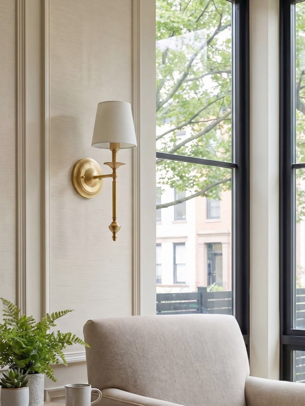 Stoffen Wandlamp met Vintage Koperen Afwerking – Sfeervolle Verlichting voor Hal, Slaapkamer en Woonkamer | Sansoti