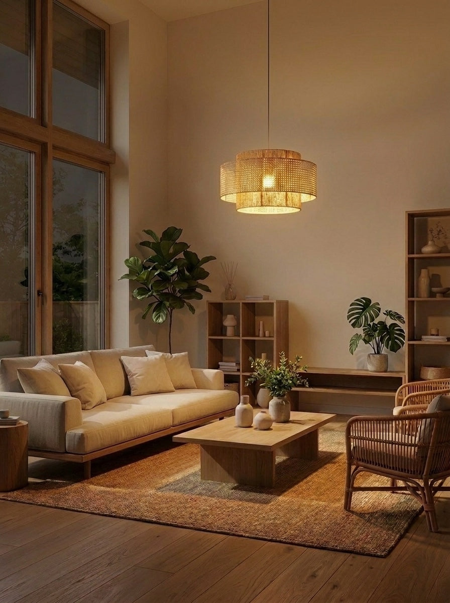 Handgeweven Hennep Hanglamp in Zen-Stijl – Natuurlijk Rotan Tromlamp voor Rustieke Sfeer | Sansoti