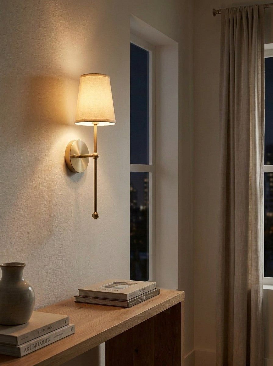 Rowan Wandlamp Messing Stoffen Kap Scandinavische Woonkamer Slaapkamer Verlichting 15x53cm | Sansoti