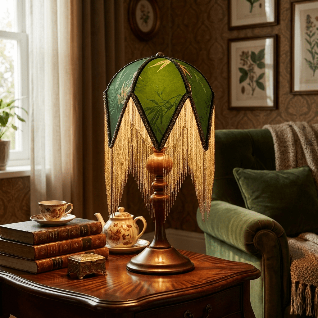 Table lamp with Fringes Walnut Wood Green Print E27 Ready-to-Plug Bohemian Styling Bedside Lamp Ambient Light Living Room | Sansoti
