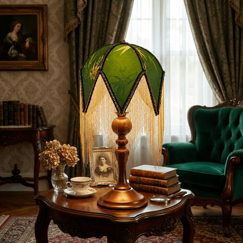 Table lamp with Fringes Walnut Wood Green Print E27 Ready-to-Plug Bohemian Styling Bedside Lamp Ambient Light Living Room | Sansoti